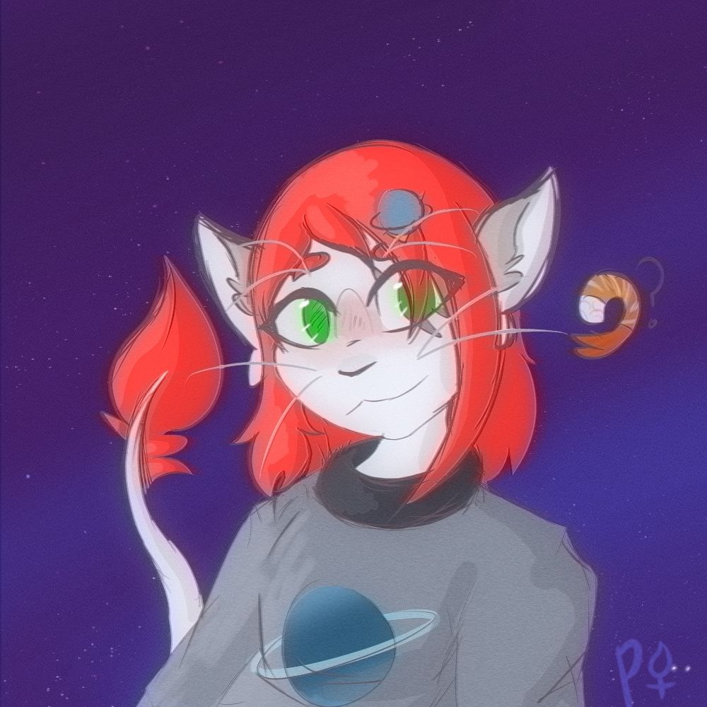 Cat-like alien with red hair wearing a grey sweatshirt with a blue planet on it. The background is purple and consists of stars 