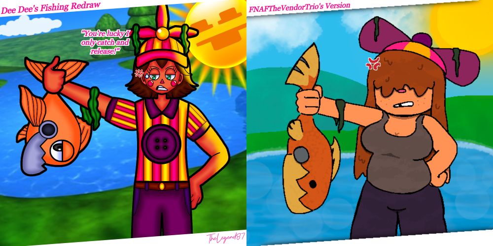 My version of the drawing is on the left, and the original version of the drawing is on the right. Y'all should go give FNAFTheVendorTrio some love, she's genuinely such an awesome artist/game developer who deserves to be checked out! Take care y'all, I hope I did the original drawing justice! You can check her out here: https://gamejolt.com/@FnafTheVendorTrio.