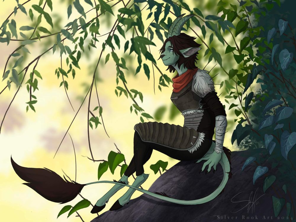 A green tiefling with a long tufted tail and leather armor sits happily under a sun dappled tree