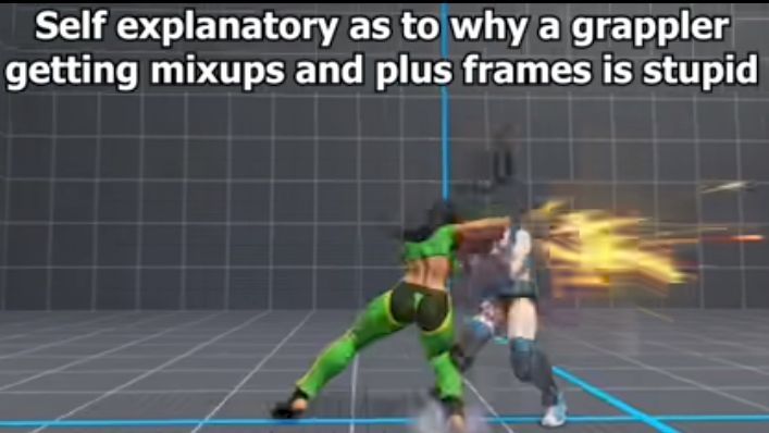 Clip of Laura in Street Fighter V with  text saying "Self-Explanatory as to why a grappler getting mix-ups and plus frames is stupid"