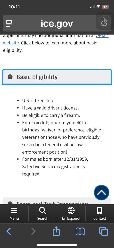Screenshot from
ICE.gov lists basic eligibility for deportation officer applicants—US citizen, valid driver’s license, eligible to carry firearm, less than age 40, males must be registered w/selective service.