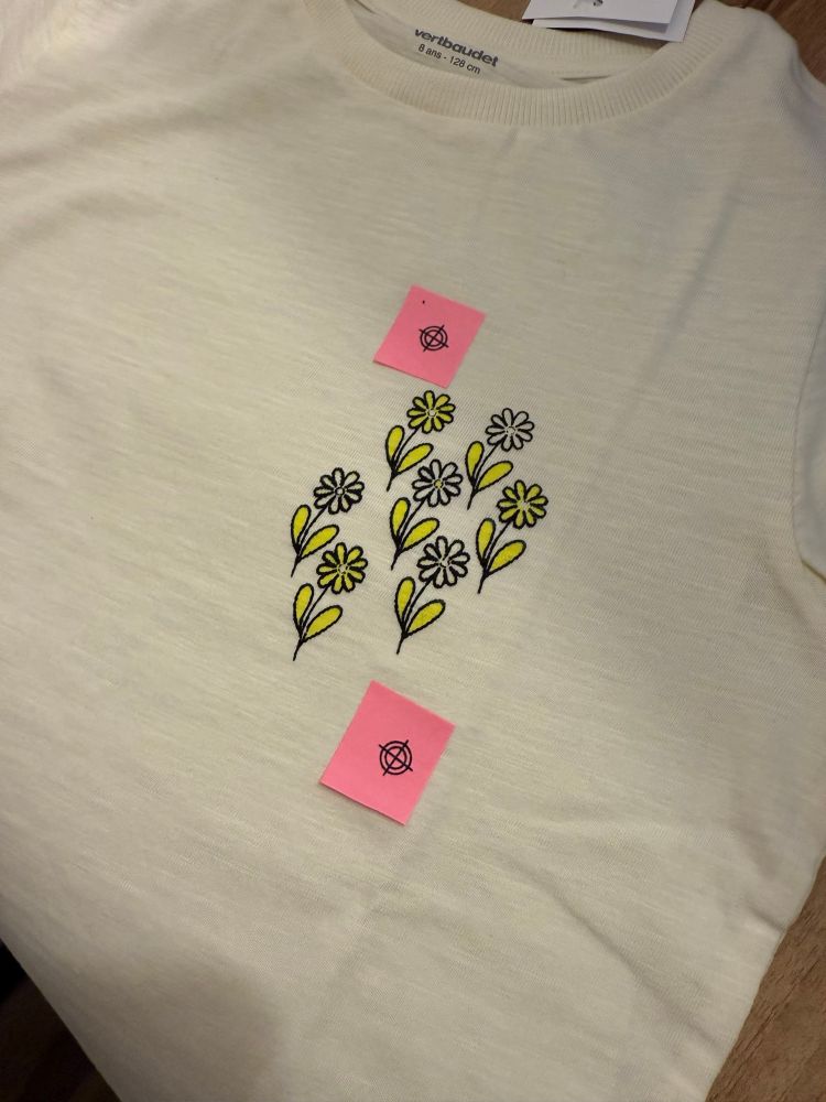 T-Shirt mit schwarzen Konturen von Blumen mit teilweiser gelber Füllung (YK); auf zwei kleinen rosa Post-It-Schnipseln (mit Kleber am T-Shirt befestigt) die Passermarken zum manuellen Ausrichten der verschiedenen Siebe.