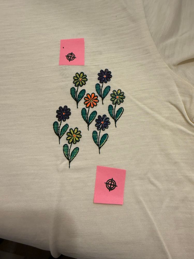 Mit Neon-Oranger Blüte in der Mitte und grün erscheinenden Blättern sind die Blumen jetzt fertig. Fehlt noch das Bienchen. Ach ja … die Passer-Post-Its sind noch da.