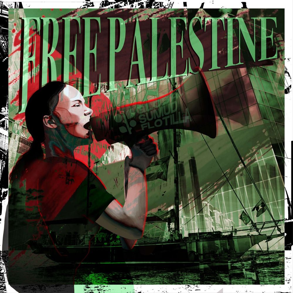 Digital painting / collage of Greta Thunberg in front of a boat with a Palestinian flag in the background. 
Green / red tones.
Free Palestine 🇵🇸