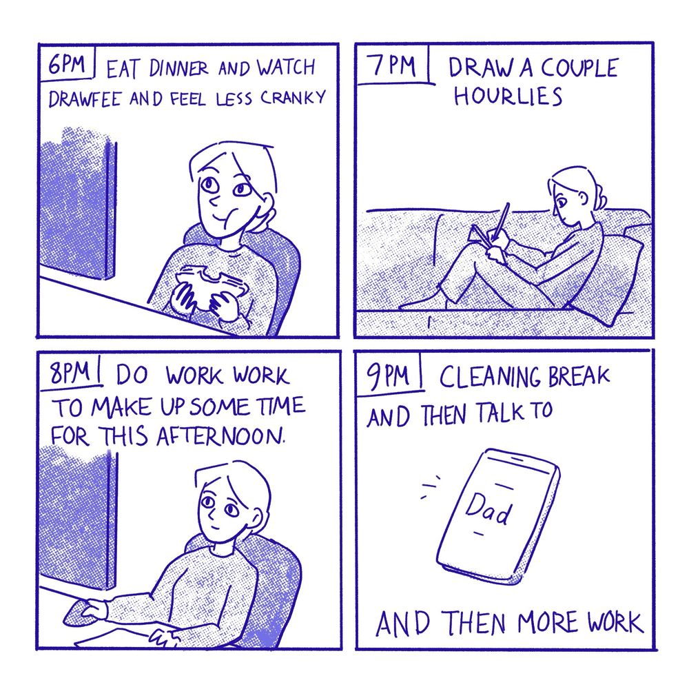 6pm: eat dinner and watch Drawfee and feel less cranky. 
7pm: draw a couple hourlies
8pm: do work work to make up some time for this afternoon. 
9pm: cleaning break and then talk to Dad and then more work. 