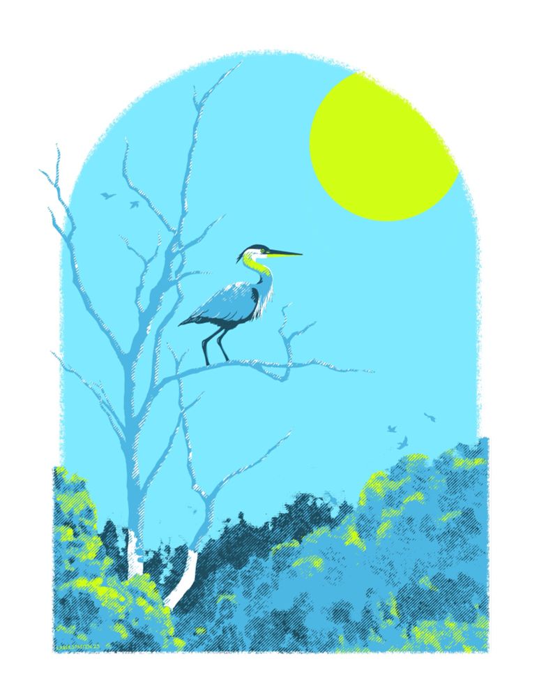 Digital art of a great blue hero sitting on a tree branch against a blue sky with a highlighter yellow-green sun