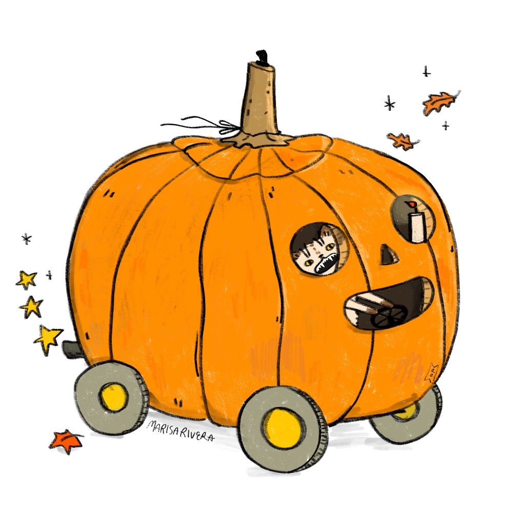 Cat screaming while driving a Richard Scarry inspired jack-o-lantern car.