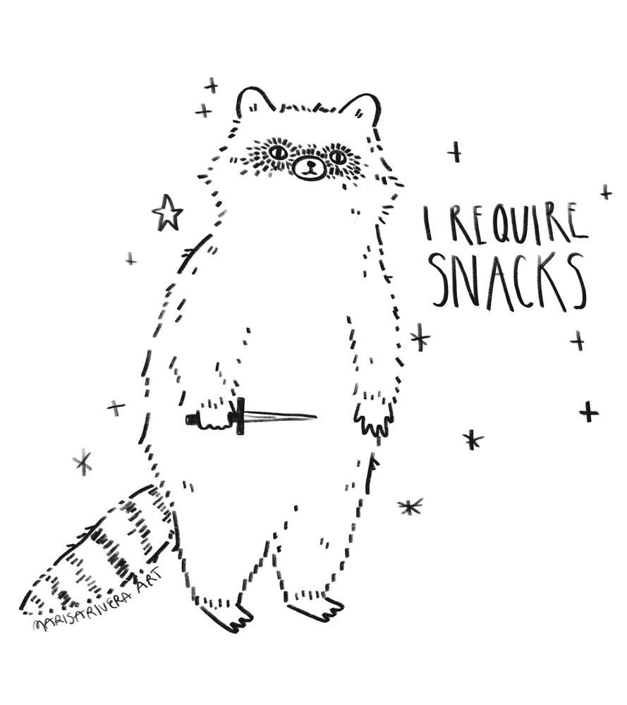A standing raccoon holding a tiny dagger in a way that makes them look like they’re demanding snacks, with text that says “I require snacks.”