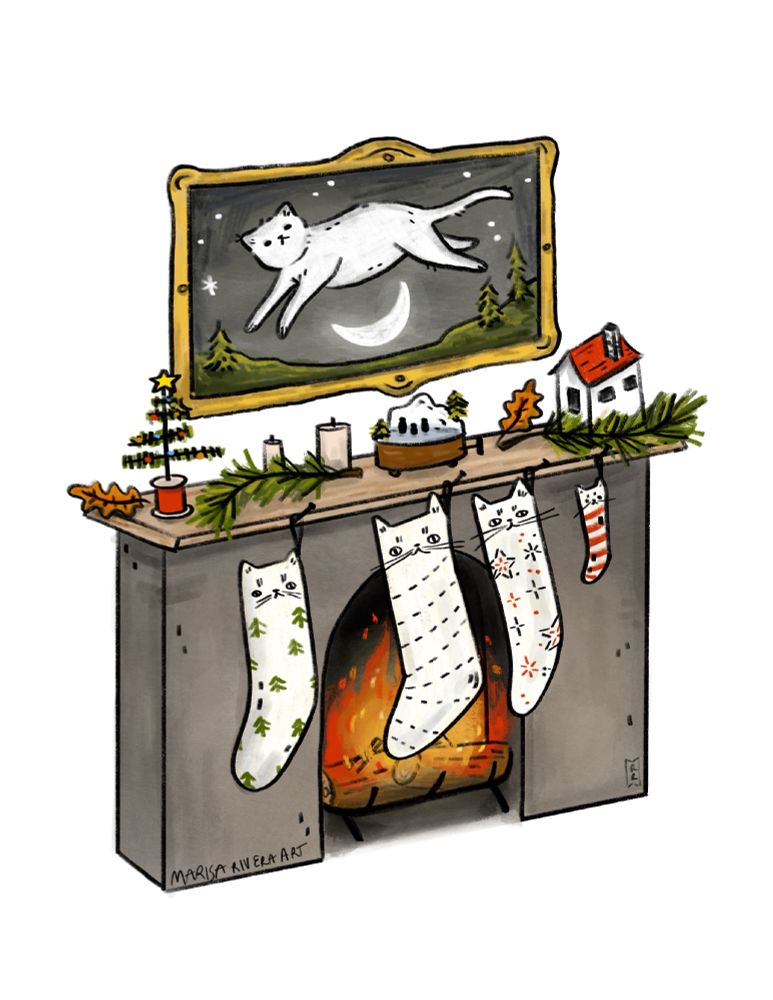 Illustration of Christmas fireplace mantel decorated with cat themed things.