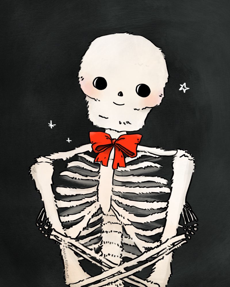 Soft and fuzzy skeleton wearing a red bow while holding itself and smiling the cutest smile