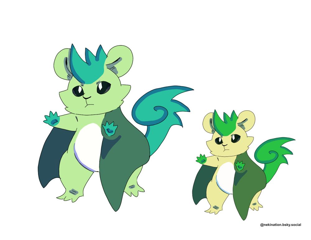 Wood-form, green creature based on a Giant Flying Squirrel in a Pokémon-like style. 