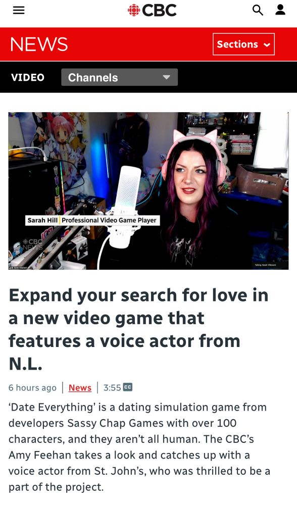 A screenshot from a CBC News about the video game Date Everything!, featuring a photo of Villanarei sitting at her streaming desk wearing her pink cat ear headset, her white microphone in front of her.