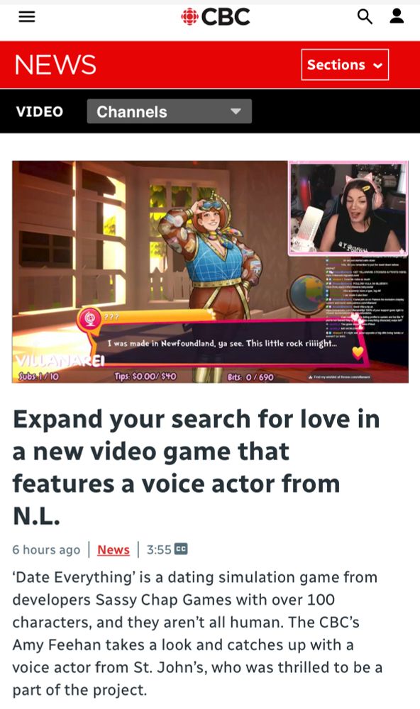 A screenshot from a CBC News about the video game Date Everything!, featuring a screenshot or Villanarei’s Twitch stream, showing her and the character Gaia both on screen