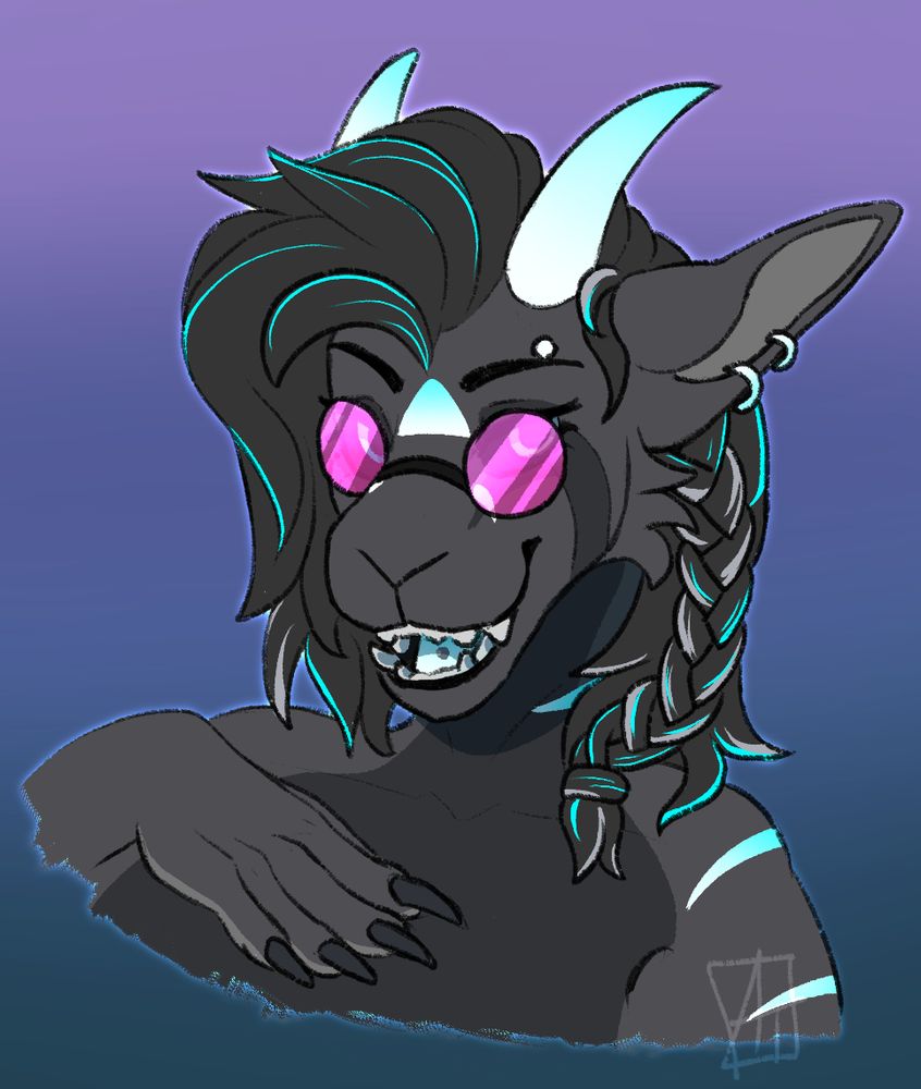 a grey dragon/goat hybrid has a laid back, sassy expression. She's wearing pink, round glasses, and has bright teal highlights in her hair. She also has a braid in her medium length hair
