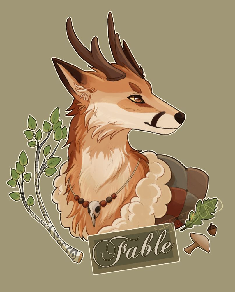 A fox looks to the right side of the screen, with a neutral expression on their face. They have small antlers on their head, and a muted multi-color blanket wrapped around their shoulders. There is an aspen branch to their left side, and an acorn, oak leaf, and mushroom to their right. A green name badge with a fancy, swirly text reads Fable