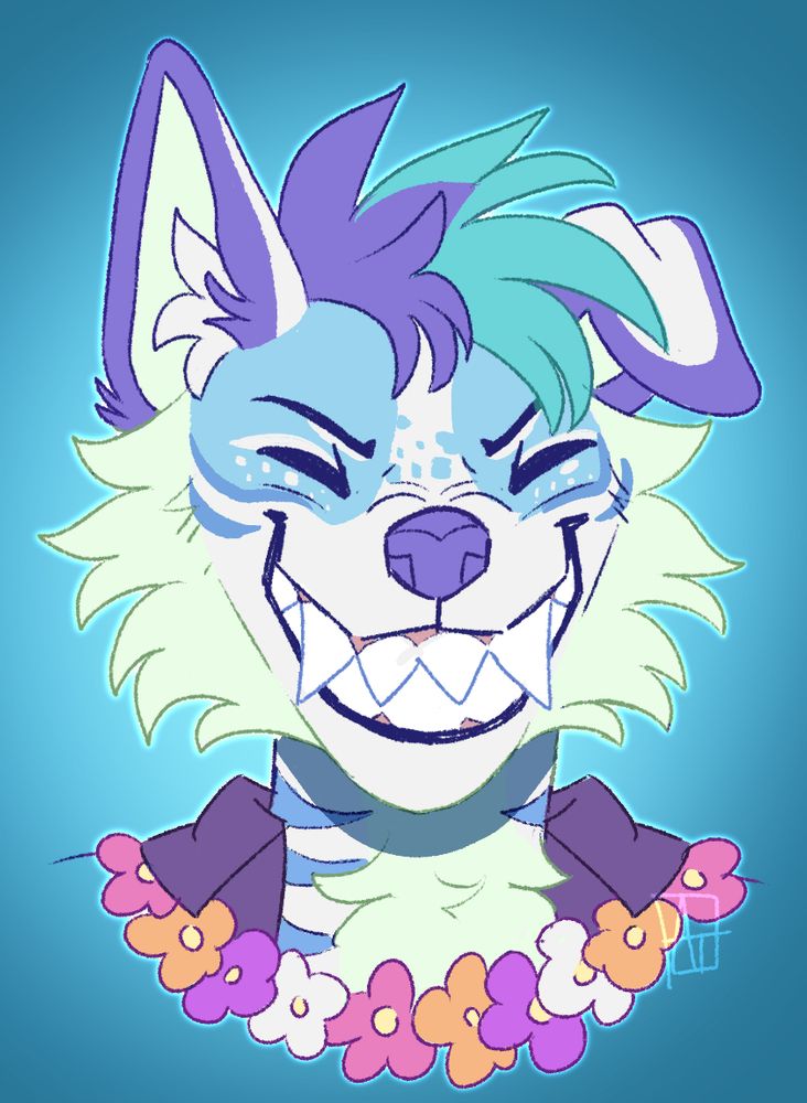 A dog/shark hybrid has a toothy grin on his face. He's blue and white, with very light green cheek fur and inner ears. The hair on his head is purple and teal, with white and purple on his outer ears. He's wearing a purple button down shirt, and has a flower necklace