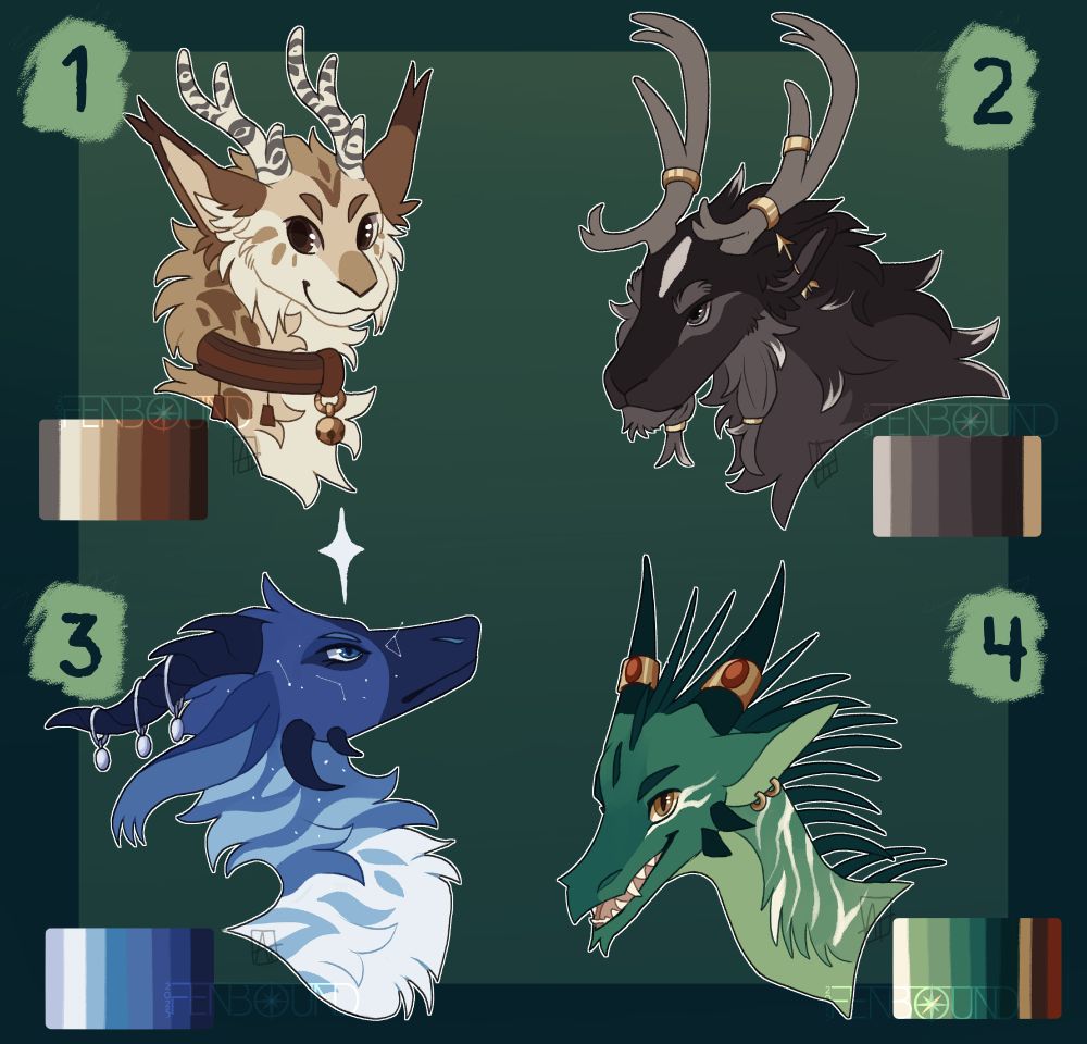 There are 4 busts of different dragons, all with their own themes.

The first has thick fur and light brown colors, with large lynx-like ears and cheek fur. They have a shorter face, friendly eyes, and antlers that look like birch trees, and a collar with tassels and a bell

The second looks more serious, with dark browns and large, reindeer like antlers adorned with gold rings. They have small ears, with a golden arrow going through one. They're scruffier, with long cheek fur that has been bound with small gold rings on either side, and white tips their fur

The third is made up of various blues like the night sky, fading to white as you go down the neck. Their dark blue horns have silver rings hanging off of them, with a coin hanging off of each ring, here is a star floating above their head, and constellations like freckles on their face. As the blue fades to white, they look more like tiger stripes

The fourth one is green and spiny, not covered in fur at all. They have many long, thin spines similar to pine needles, starting on their forehead all the way down the neck. Their scale colors fade from a blueish green to a much lighter green down the neck, and they have thin, white stripes horizontally down their neck and under their eyes. Their mouth is open in a smile