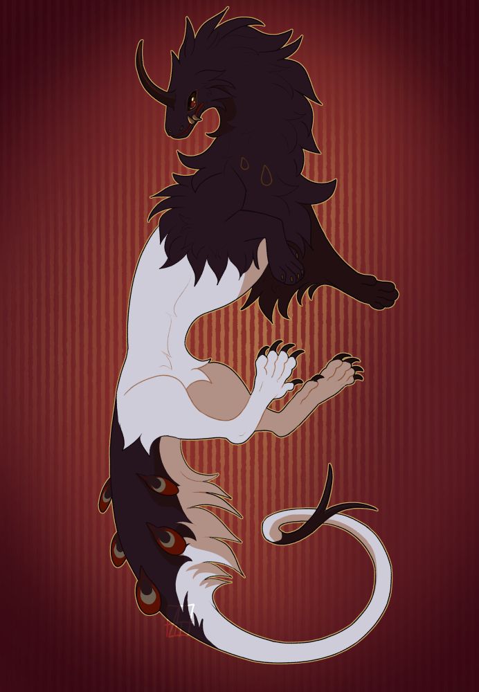 A black and white beast sits in a floating position, against a red background. There are two yellow teardrop markings near their chest, and five red feathers on their tail, resembling peacock feathers in pattern. They have one large horn on their forehead, the front paws resemble a cat, and the back claws are draconic. There are two teeth that stick out of their closed mouth