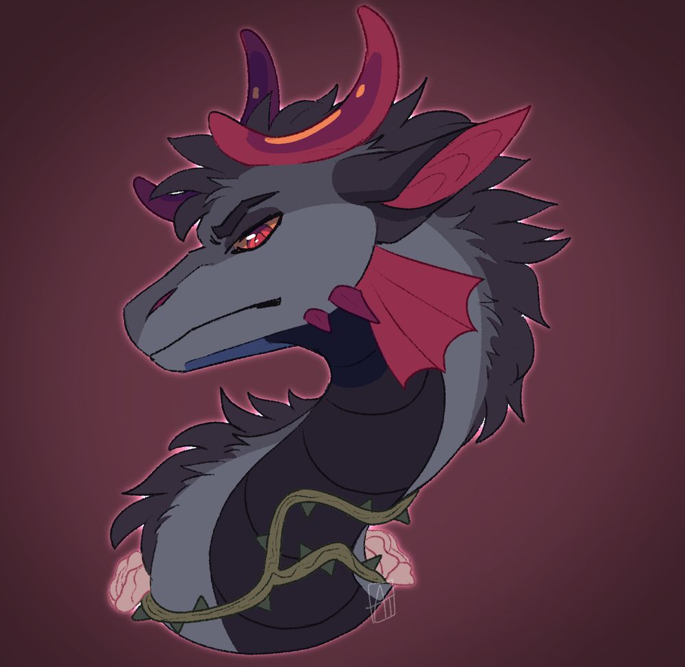 a grey dragon with fur twists their neck, with a disapproving expression. There are roses wrapped around their lower neck, and they have two curved horns on their head. On their cheeks, there are also two small horns and a frill