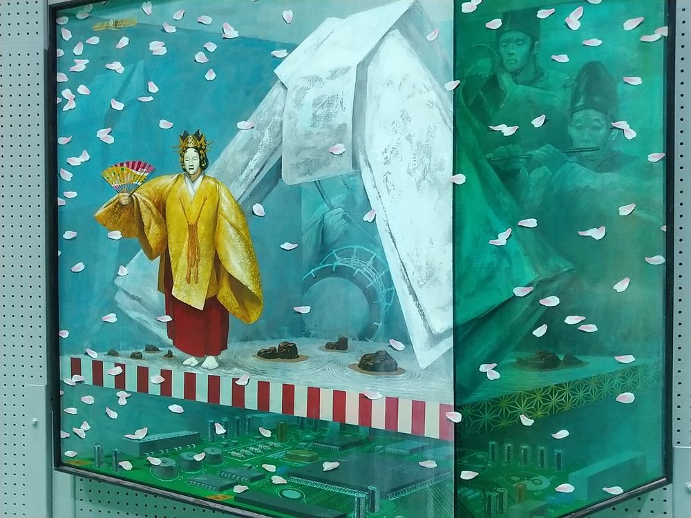 能をテーマにした絵画。桜の花びら舞い散る中での作品。