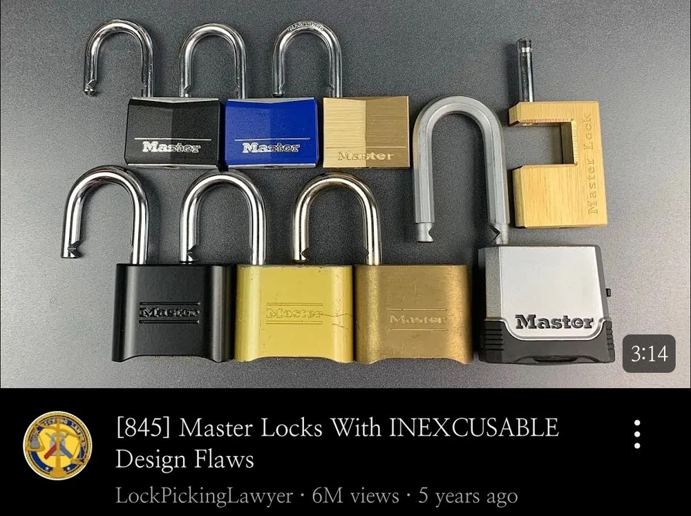 thumbnail for a LockPickingLawyer video where he shows design flaws in Master Locks