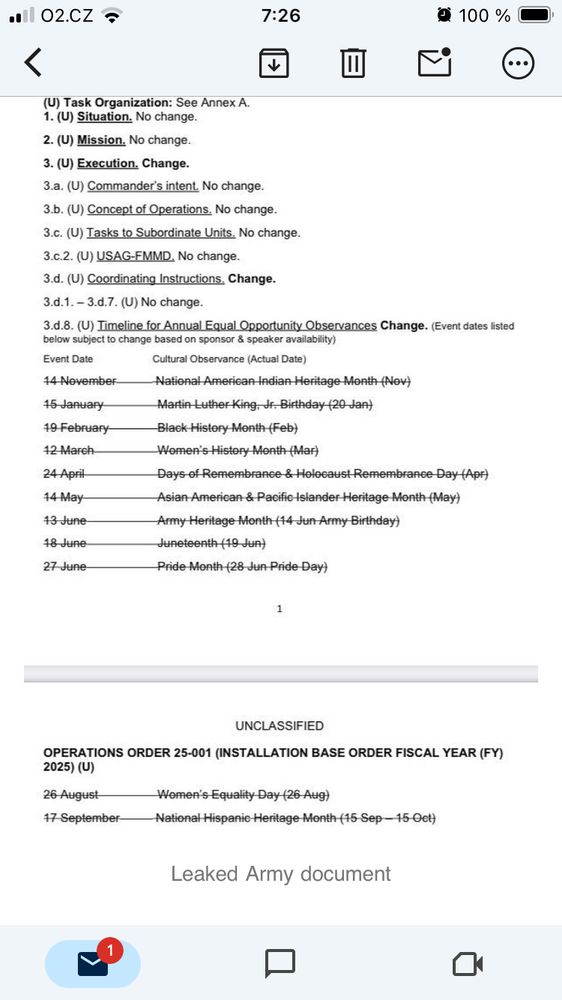 A list of military’s cultural observances with minority observances crossed out.