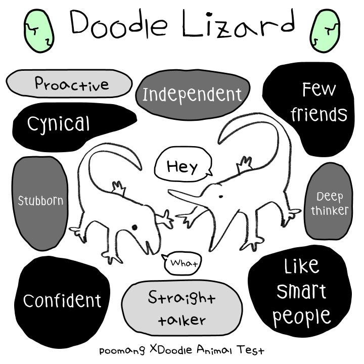 A Doodle art drawing of two lizards. One is saying "hey" and the other saying "what". Around them, thought bubbles list the words proactive, independent, few friends, deep thinker, like smart people,.straight talker, confident, stubborn, and cynical. Accreditation to Poomang XDoodle Animal Test