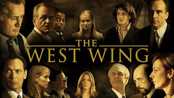 A gold, black, and grey banner of all of the characters of The West Wing TV show.  Gold text across the middle reads "The West Wing".