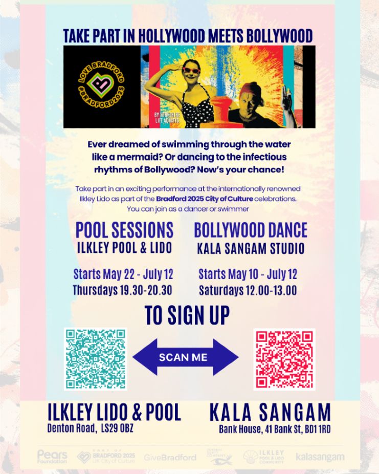 details of pool sessions 22 may - july 12 and bollywood sessions 10 may to 12 july with sign up arrow and 2 QR codes right one is bollywood, left is pool sessions at the lido