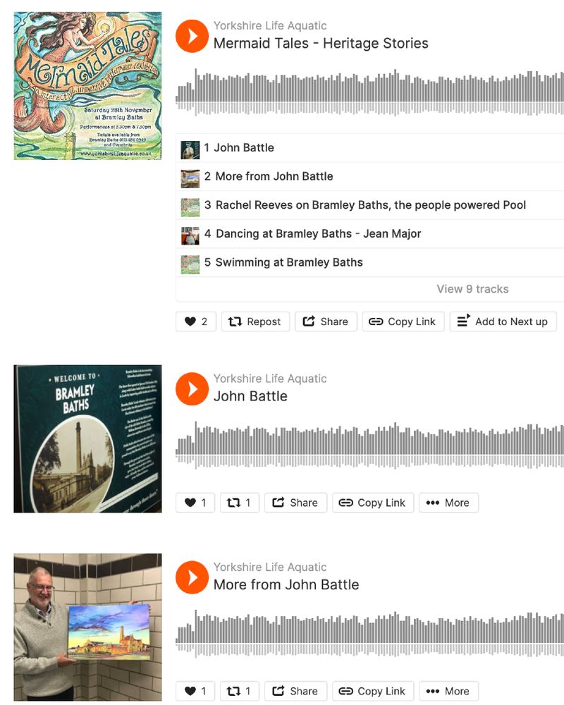 images of mermaid tales poster of bramley baths poster and of John battle and a playlist of soundcloud