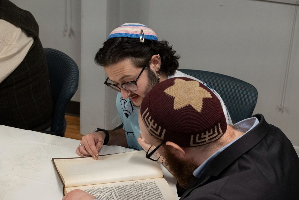 Me hunched over a volume of the Babylonian Talmud, studying with Hebrew Seminary rabbinical student Ezra Kiers in Hebrew Seminary's beit midrash (house of study). For what it's worth, we were reading Kiddushin 2a.