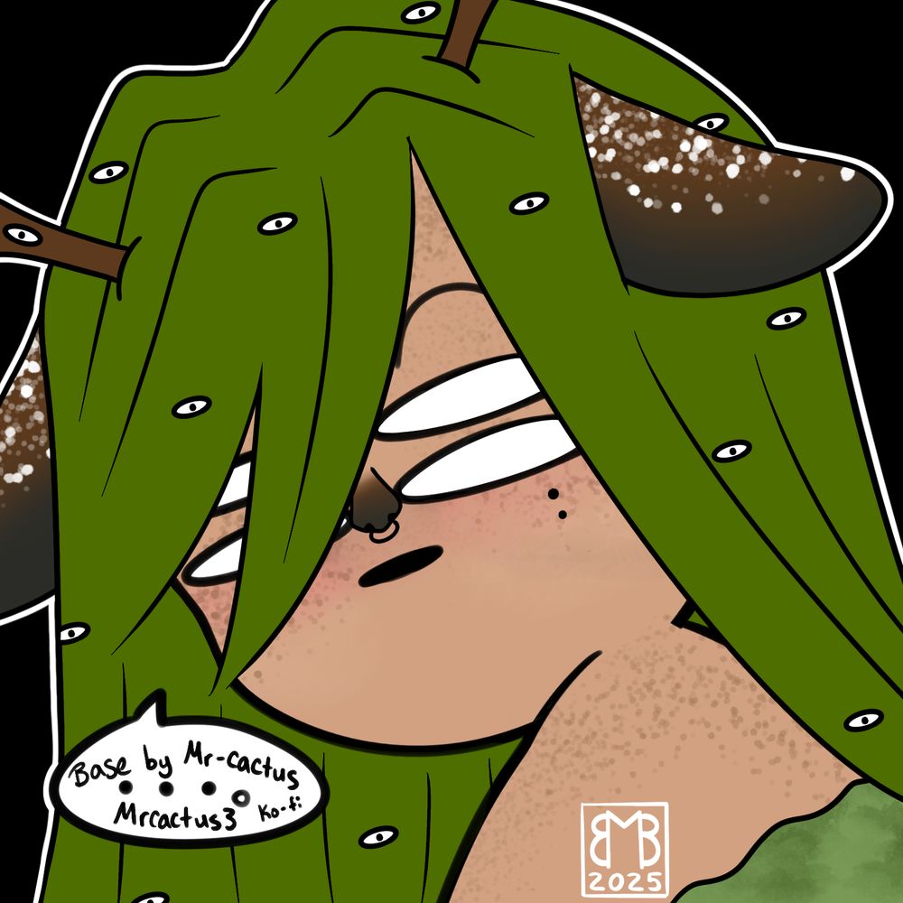 Digital Illustration: arboreal eldritch weredoe with little eyeballs throughout her mossy green hair. she has deer ears, tree branch antlers (one of which has an eyeball on it) and the 4 eyes on her face have no pupils. She has a deer nose which has a septum ring and 2 dots underneath each lower eye and freckles.