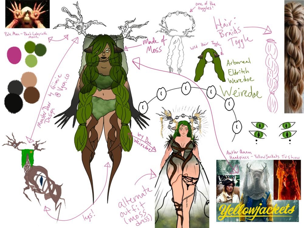A character reference sheet for an 'Arboreal Eldritch Weredoe'—a mystical, forest-themed humanoid creature with long green braids, tree branch antlers, and moss-based clothing. The central full-body illustration shows the character with thick green braids, mossy garments, dark clawed hands, and deer-like tree branch legs. Additional sketches display hair toggles, an alternate moss dress outfit, and a crown of eyeballs. Color swatches are included (moss green, muted rose, browns, black). Inspiration images include Pan’s Labyrinth’s Pale Man and antler queen headpieces from the Yellowjackets TV show. Text notes credit 'Monster Doe Design by Giimie @Vgen.co' and the rest is done by Weiredoe.