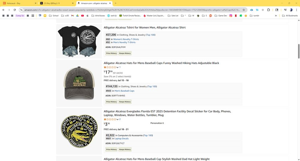 Screenshot: Amazon search showing Pro-"Alligator Alcatraz" merchandise.