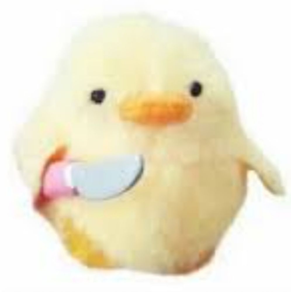 Stuffed duck holding plastic toy knife