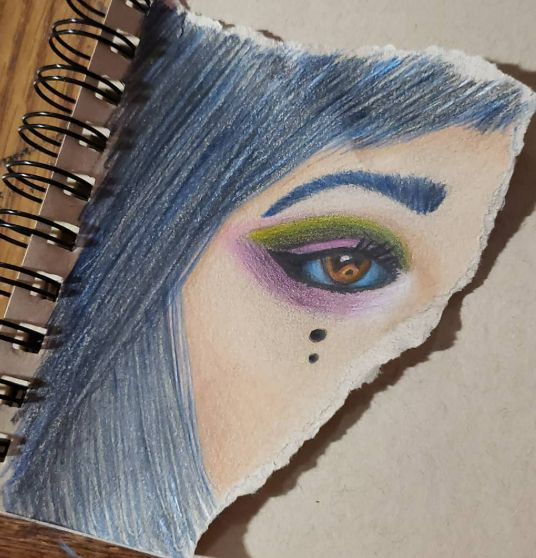 Illustration: Close up of paper and colored pencil art with a face with rainbow in pupil of the eye.
