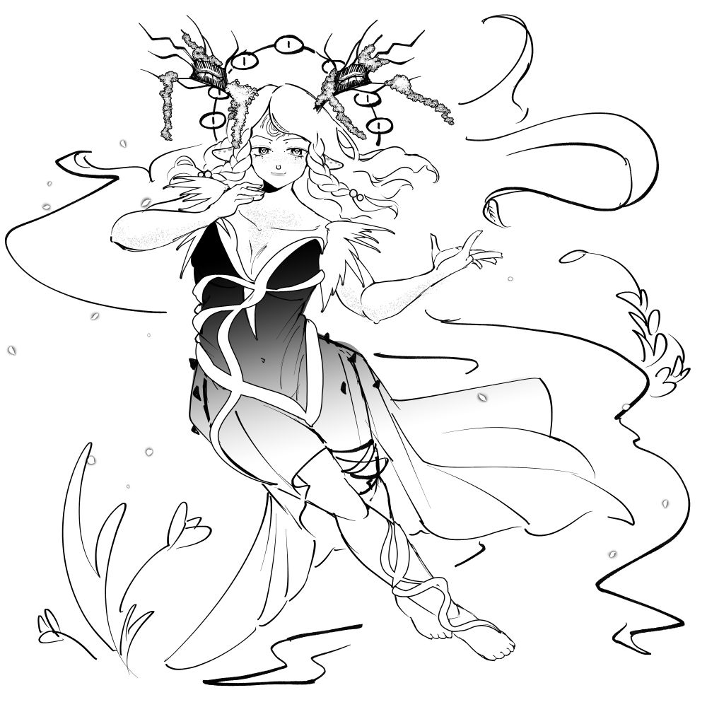 Illustration: Black and white digital skeb drawing of eldritch tree weredeer lady with droopy deer ears, tree branch antlers, halo of 7 eyeballs, and vines & branches wrapping around her torso and leg.