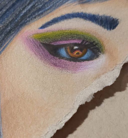 Illustration: Close up of paper and colored pencil art with a face with rainbow in pupil of the eye.