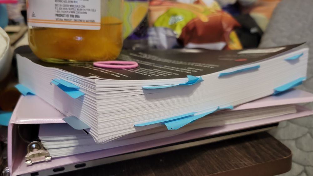 Photo: House of Leaves by Mark Z. Danielewski with many blue sticky notes sticking out of the sides of the book.