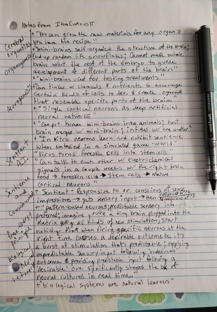 Photo: notes from IhmCurious YT videos, hand written on notebook paper with the key words (cerebral organoids, organogenesis, neurogenesis, sentient AI, sentience and consciousness, free-energy principle, & biological neural networks).

From the IhmCurious YT videos:
"Growing 'Mini-brains' in a lab: human brain organoids"
&
"Lab-grown 'mini-brain' learns pong - is this biological neural network 'sentient'?"