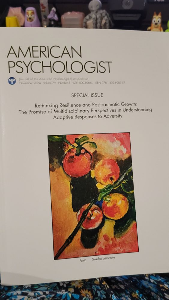 Photo: American Psychologist, Journal of the American Psychological Association. November 2024. Volume 79. Number 8.
Special Issue: Rethinking Resilience and Posttraumatic Growth: The Promise of Multidisciplinary Perspectives in Understanding Adaptive Responses to Adversity.
There is a painting of apples or peaches on a branch. "Fruit" by Swetha Sriramoju.
