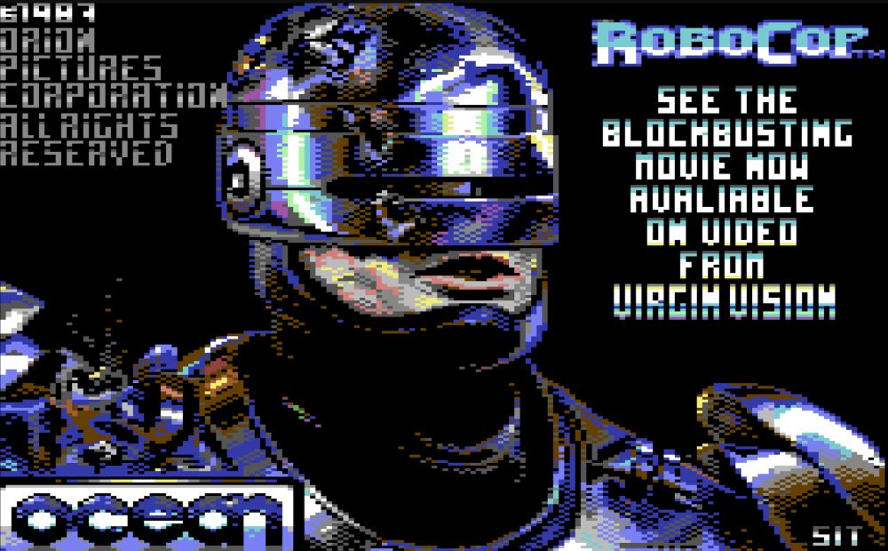 Title screen for "RoboCop" on the C64, which features an illustration of RoboCop (played by Peter Weller) rendered in the limited (yet iconic) C64 color palette.