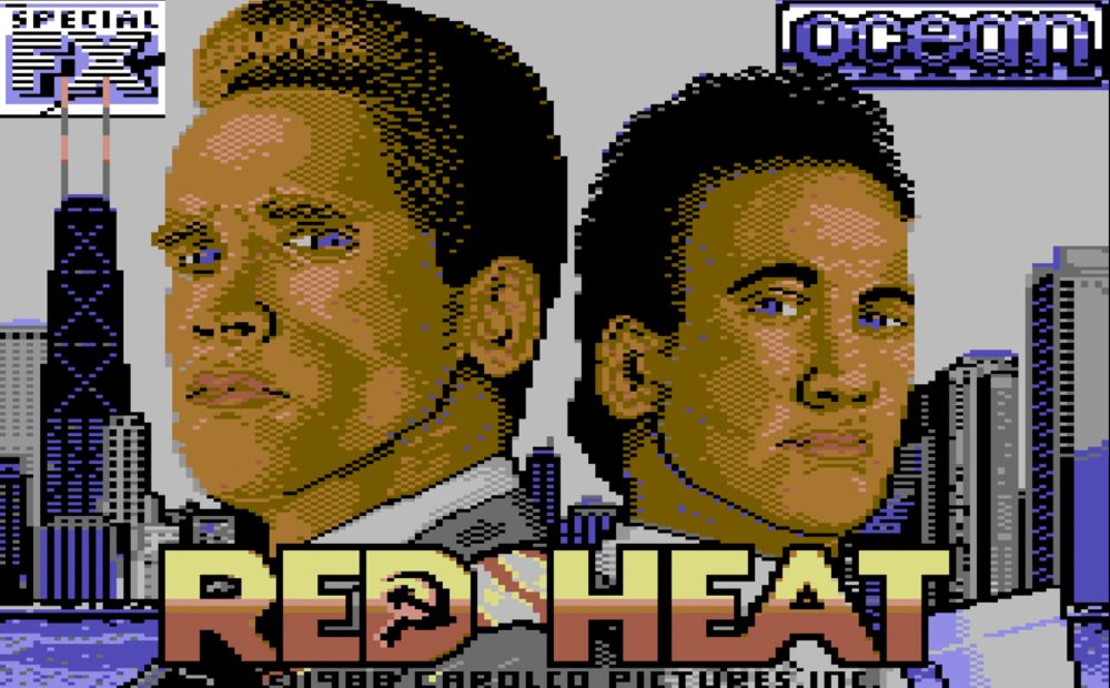 Title screen for "Red Heat" on the C64, which features illustrations of Arnold Schwarzenegger and Jim Belushi rendered in the limited (yet iconic) C64 color palette.