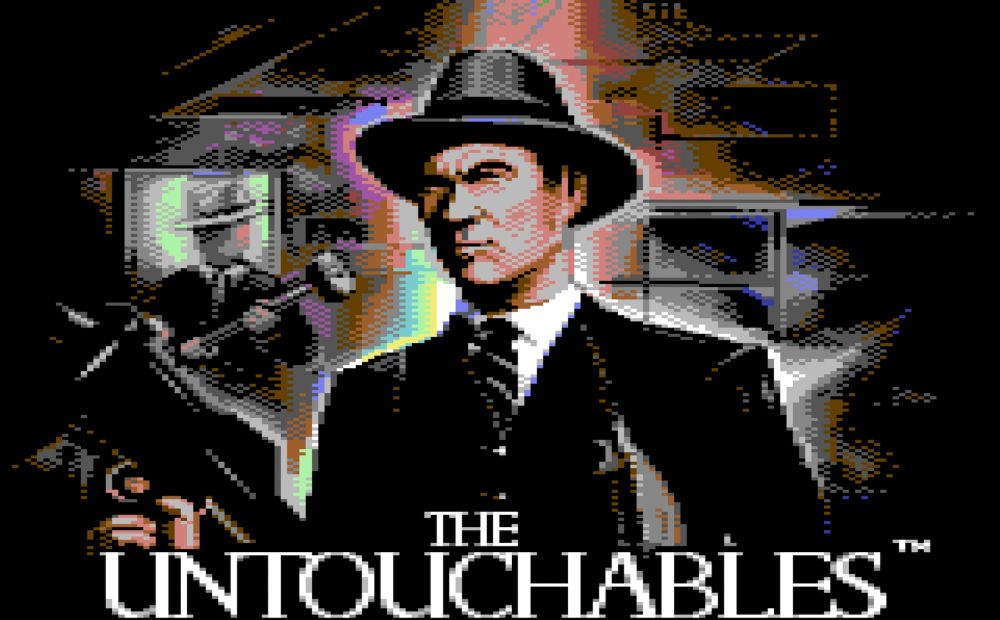 Title screen for "The Untouchables" on the C64, which features an illustration of Kevin Costner rendered in the limited (yet iconic) C64 color palette.