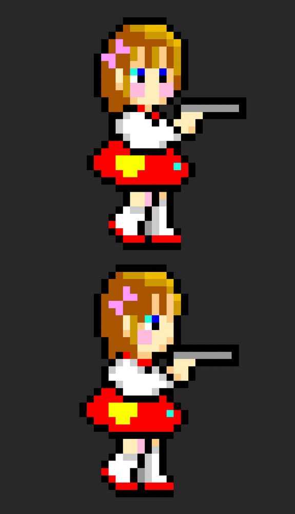 Sprites from "Momoko 120%". They depict a girl wearing a red school uniform dress carrying some sort of zapper gun (looking kinda like the NES Zapper).