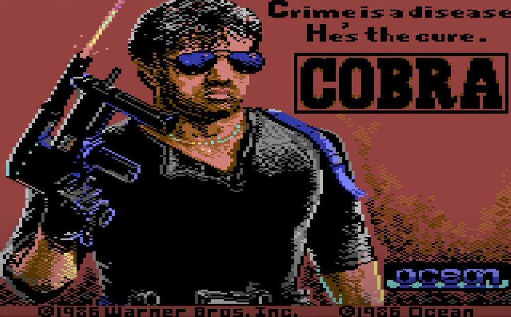 Title screen for "Cobra" on the C64, which features an illustration of RoboCop (played by Peter Weller) rendered in the limited (yet iconic) C64 color palette.