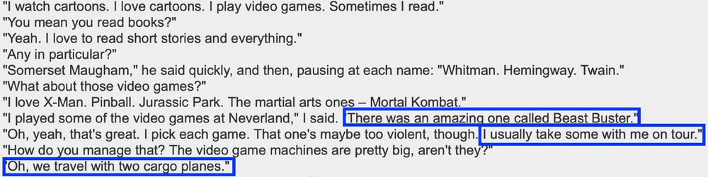 Excerpt from an interview conducted by Paul Theroux with Michael Jackson. I have highlighted the text: "There was an amazing one called Beast Buster... I usually take some with me on tour... Oh, we travel with two cargo planes".