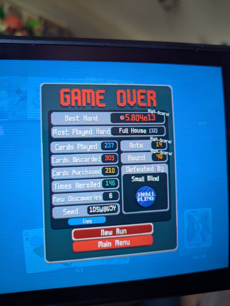 Game over. Best hand: 5.804e13 (high score), ante 14 (high score), round 40 (high score)