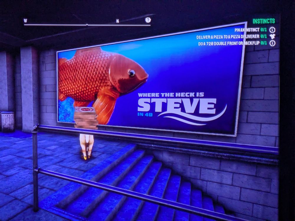 Goat Simulator 3 still, a movie poster with a big picture of a goldfish and, in the font used for Finding Nemo, the title: Where the Heck is Steve
