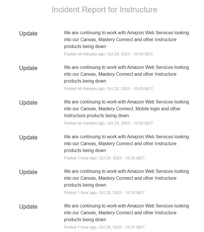 Incident report for Instructure. The following phrase repeated almost verbatim six times, each with time stamps just minutes apart: Update: We are continuing to work with Amazon Web Services looking into our Canvas, Mastery Connect and other Instructure products being down
